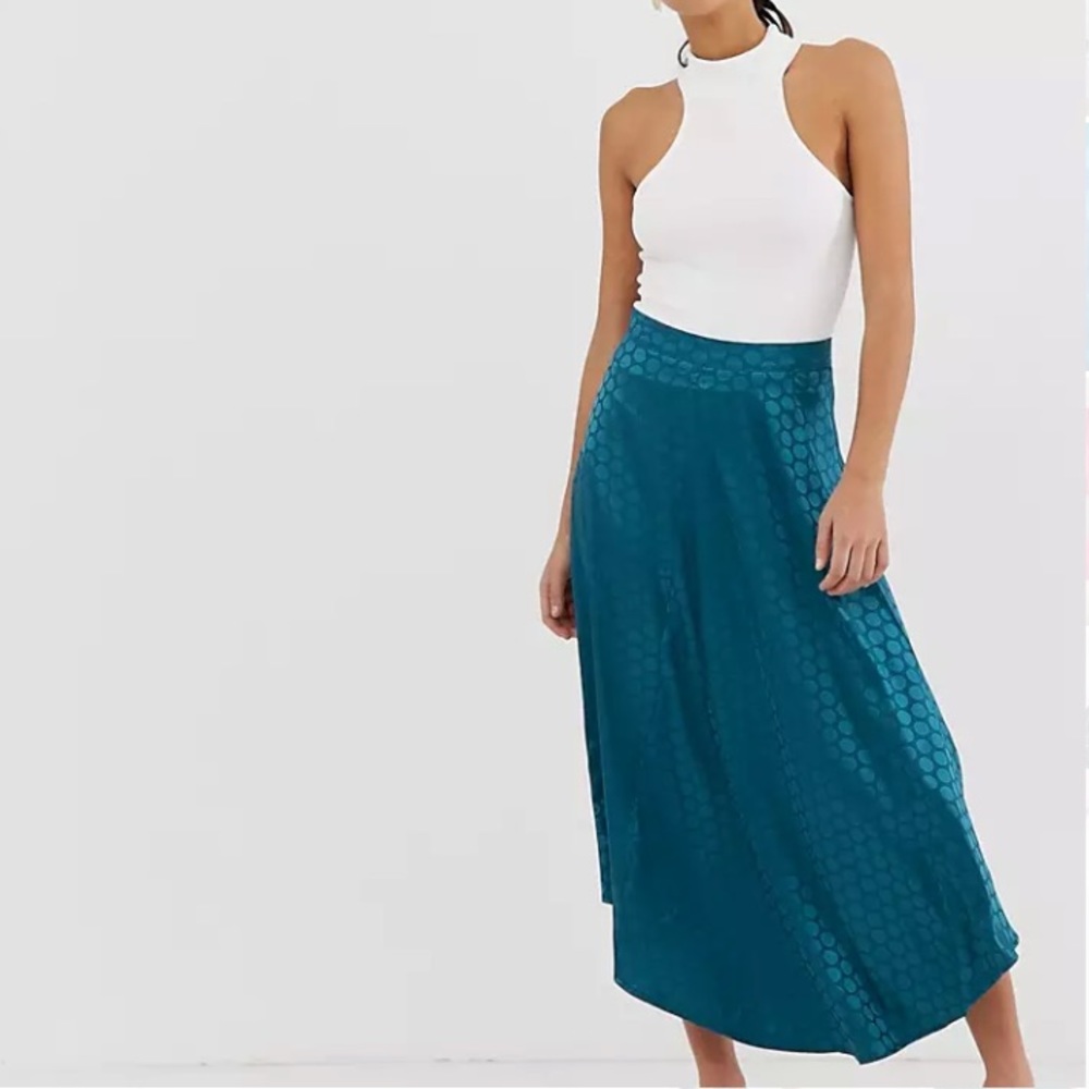 Missguided Asymmetrical Teal Polka Dot Midi Skirt, US Size 4